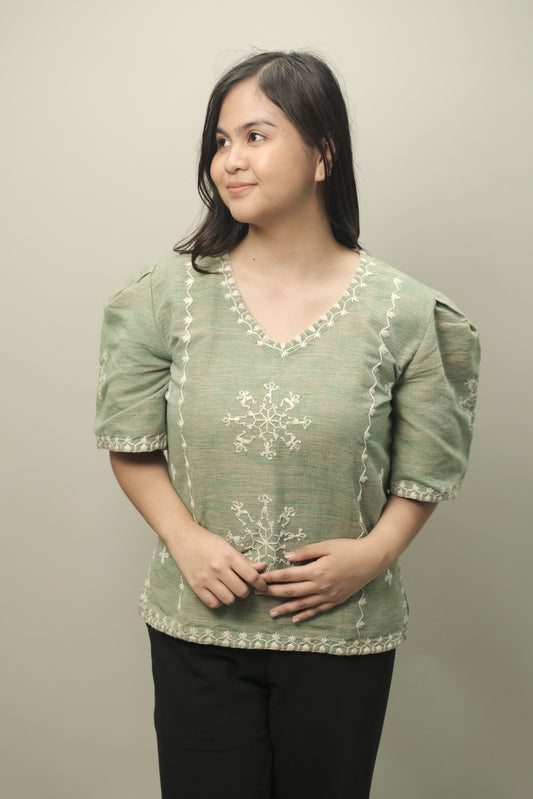 Maria Clara Blouse in Tiniri Weave (Mint Green)