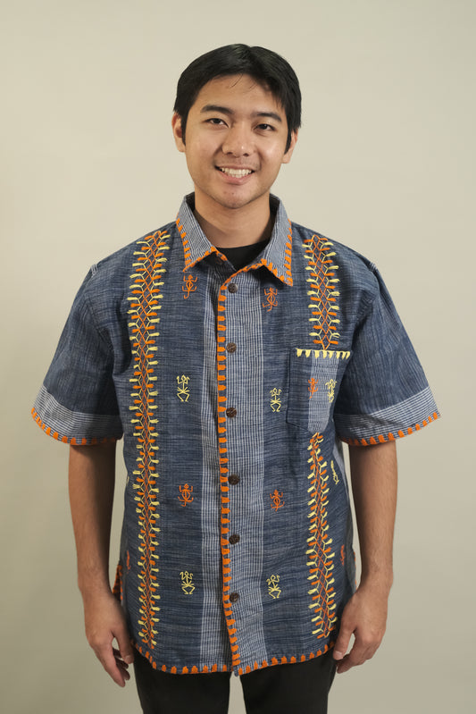 Lino Men's Buttoned Polo  in Tiniri Weave (Denim Blue)