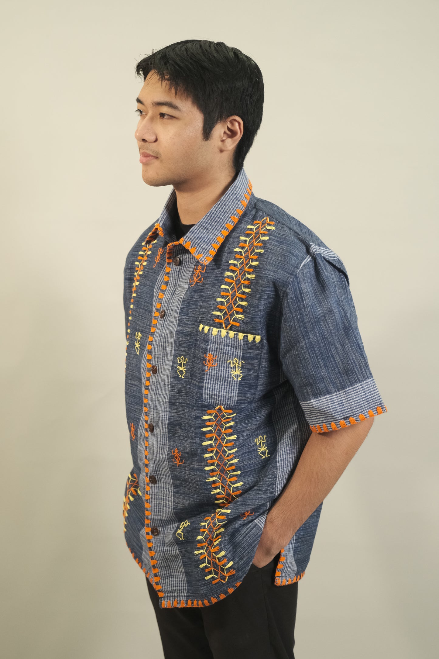 Lino Men's Buttoned Polo  in Tiniri Weave (Denim Blue)