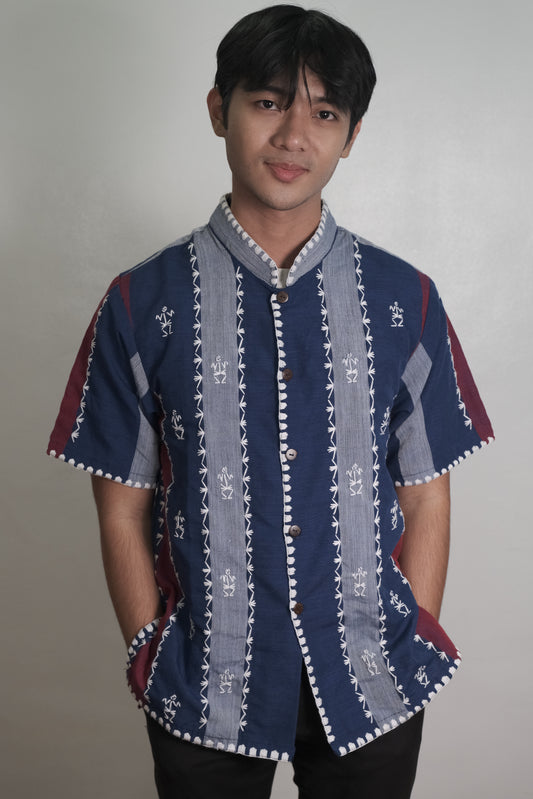 Formal Men's Polo with Itneg Embroidery (Red and Navy Stripes)