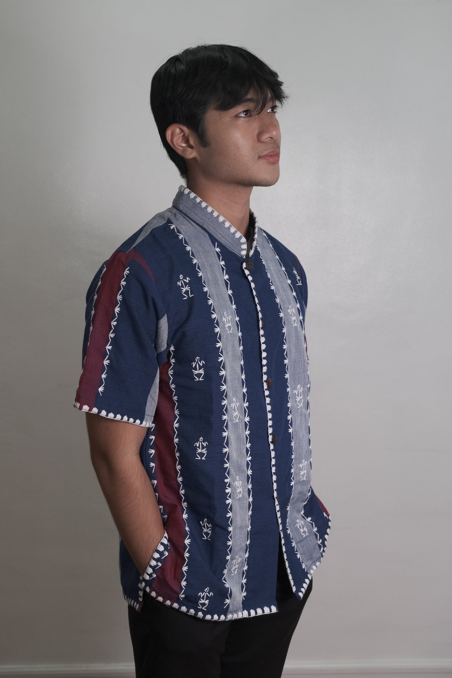 Formal Men's Polo with Itneg Embroidery (Red and Navy Stripes)