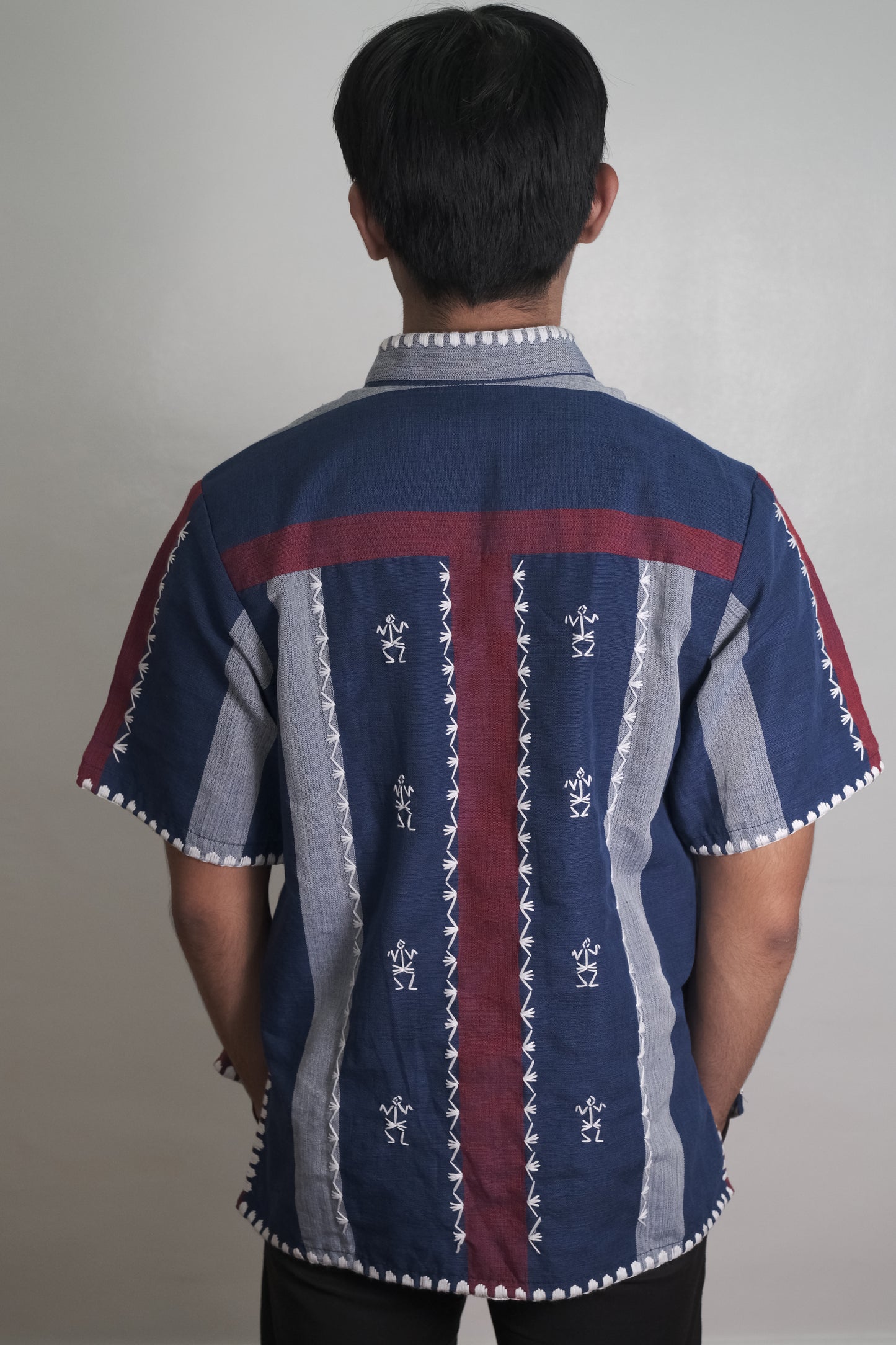 Formal Men's Polo with Itneg Embroidery (Red and Navy Stripes)