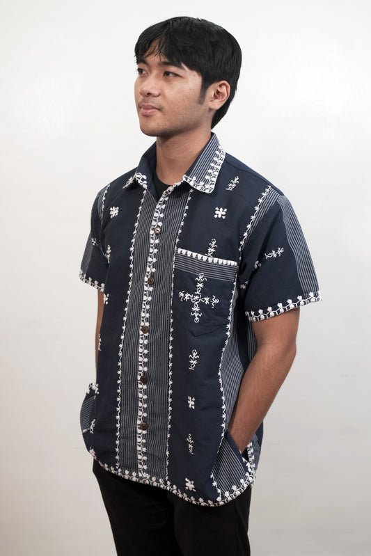 Kantarines Collared Men's Polo with Itneg Embroidery (Dark Navy Stripes)