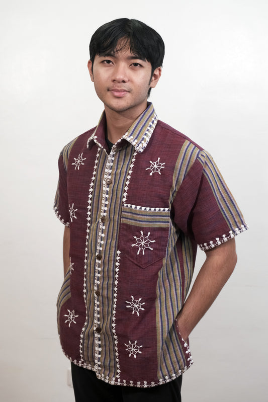 Tiniri Collared Men's Polo with Itneg Embroidery (Maroon Stripes)