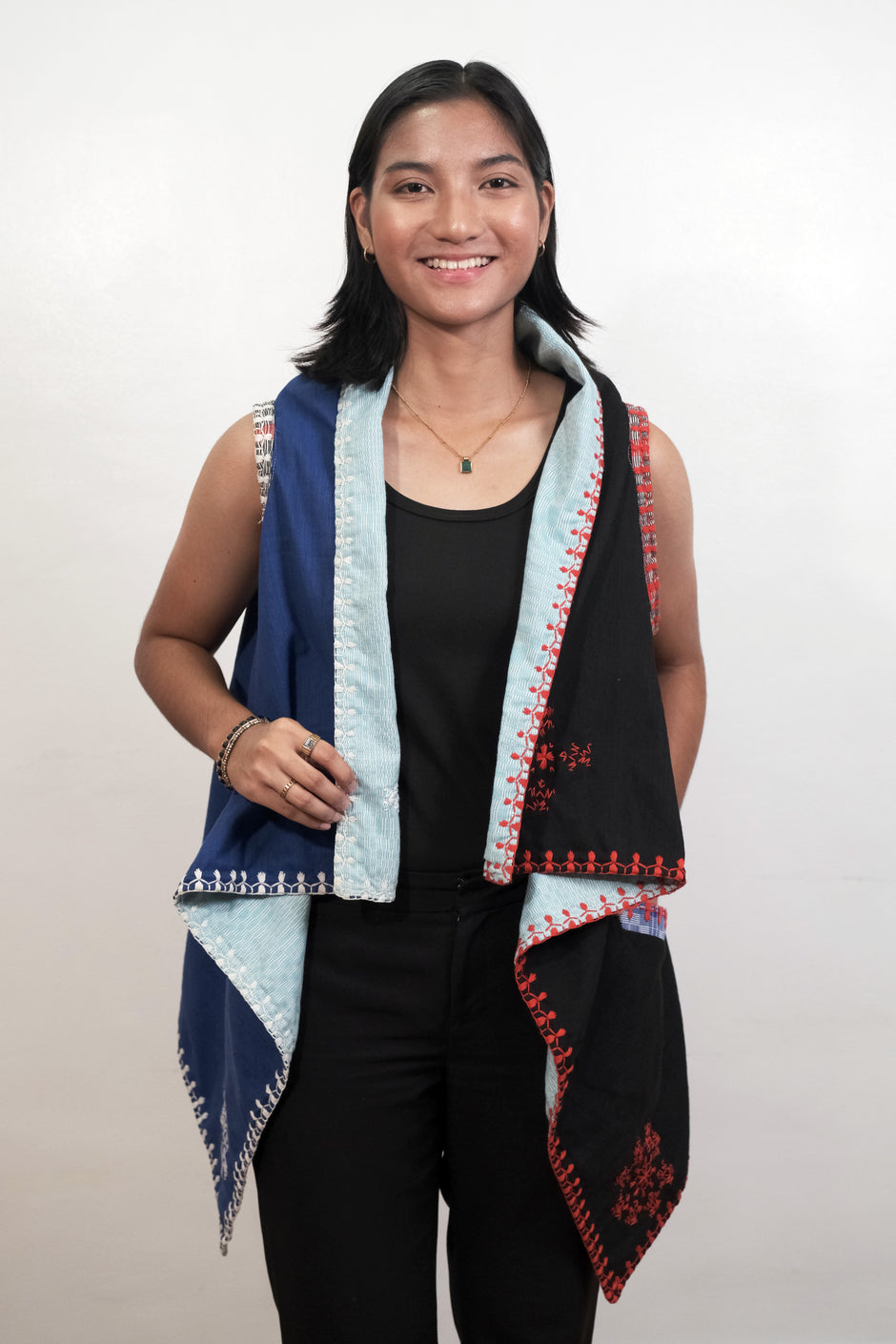 Kantarines Long Filipiniana with Itneg Embroidery (Navy Blue Stripes) main image 1