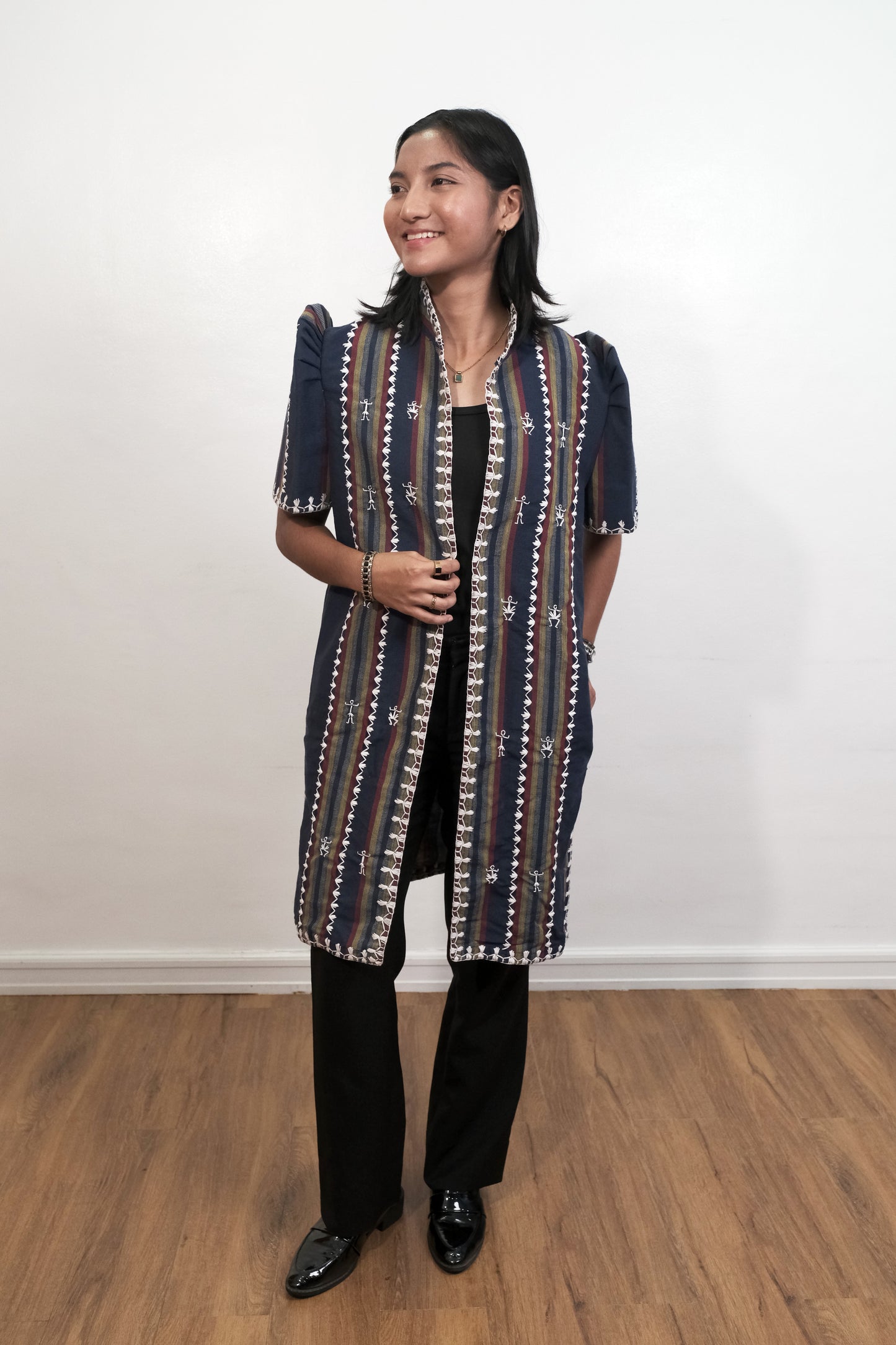 Kantarines Long Filipiniana with Itneg Embroidery (Navy Blue Stripes)