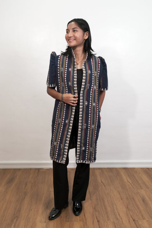 Kantarines Long Filipiniana with Itneg Embroidery (Navy Blue Stripes)