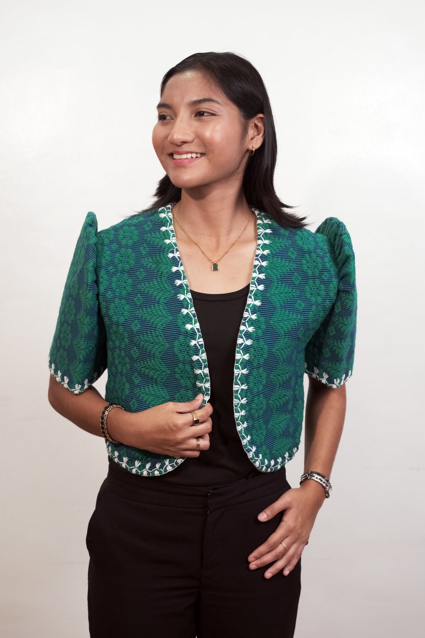 Pinilian Filipiniana Bolero with Itneg Embroidery ( Emerald Green)