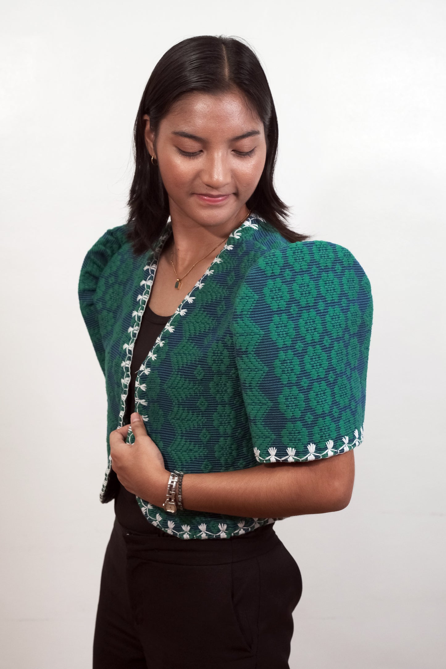 Pinilian Filipiniana Bolero with Itneg Embroidery ( Emerald Green)