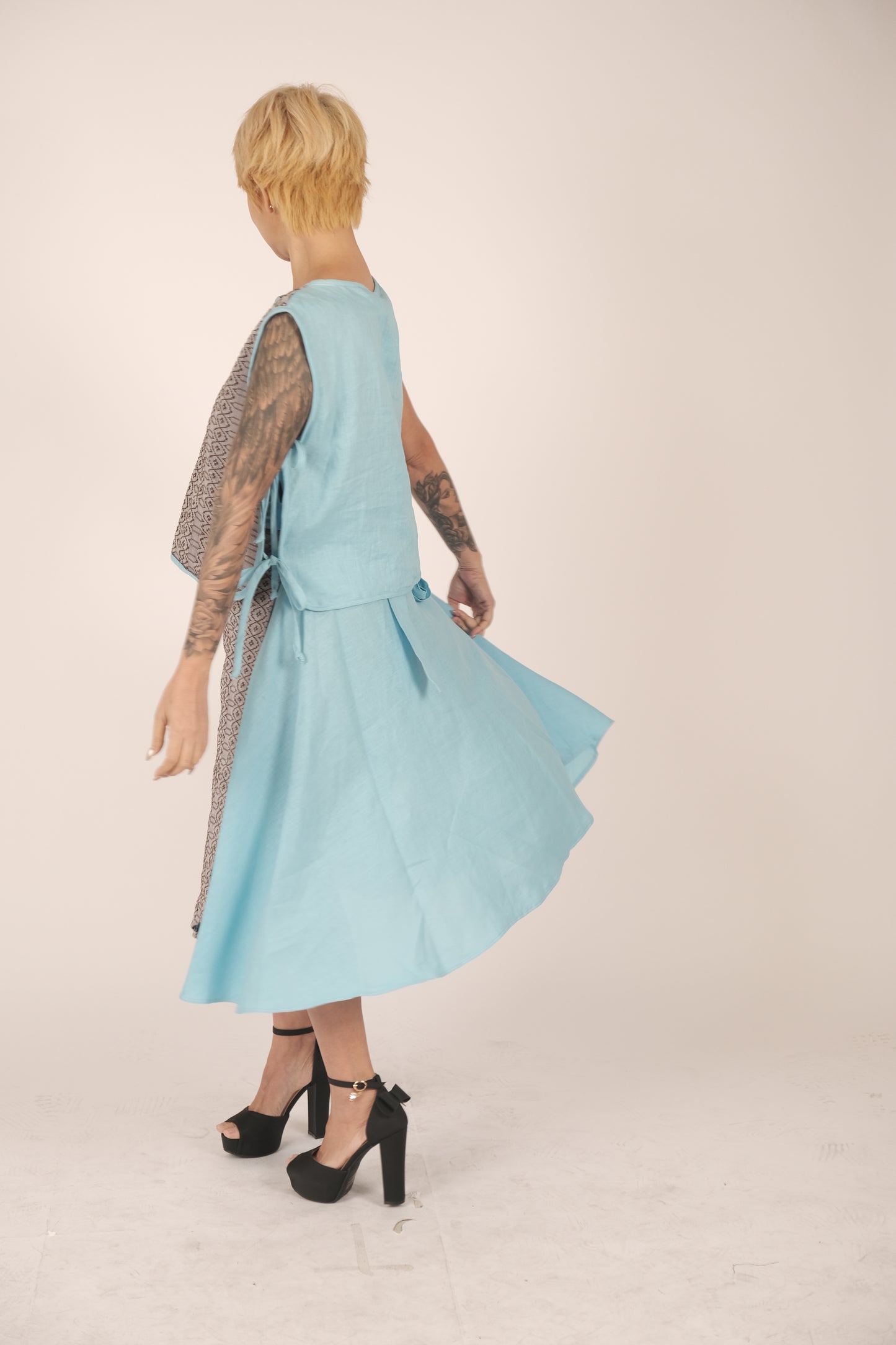 Sinan-Init Bib Vest and Wrap Skirt Pair in Inabel weave and Linen