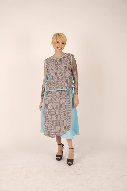 Sinan-Init Bib Vest and Wrap Skirt Pair in Inabel weave and Linen