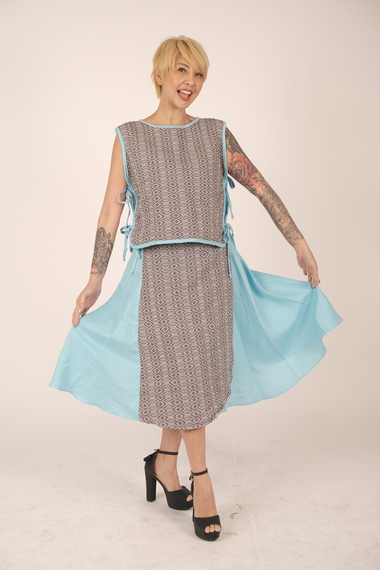 Sinan-Init Bib Vest and Wrap Skirt Pair in Inabel weave and Linen