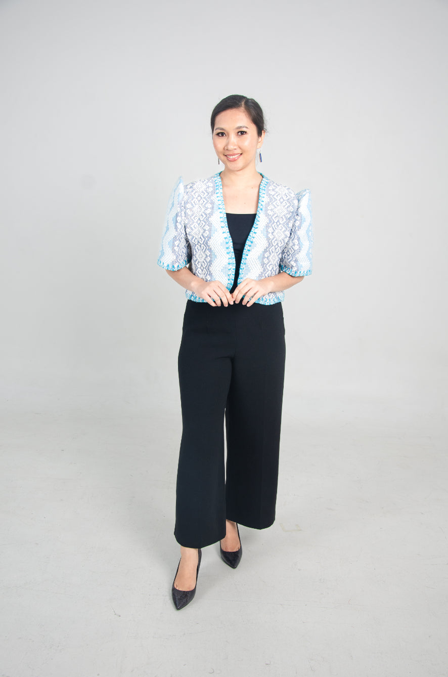 Beautiful pinilian bolero with intricate embossed pattern, showcasing the heritage of Pinilian weaving and Itneg embroidery from Abra and Ilocos.